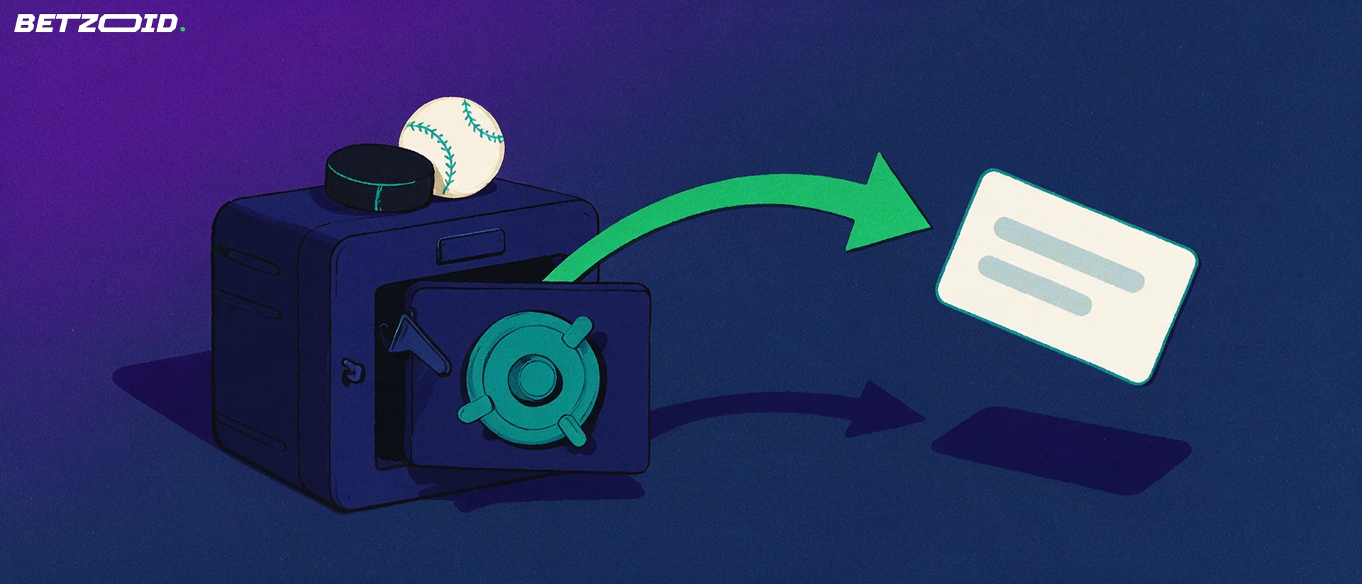 Illustration of a strongbox with an open door and a green arrow curving to a plain payout card, topped by a baseball and a hockey puck.