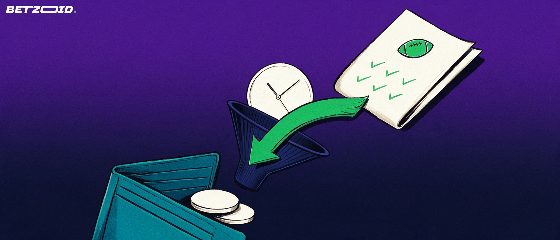 Illustration of a sports betting slip with a curved arrow flowing through a funnel into an open wallet beside a clock.