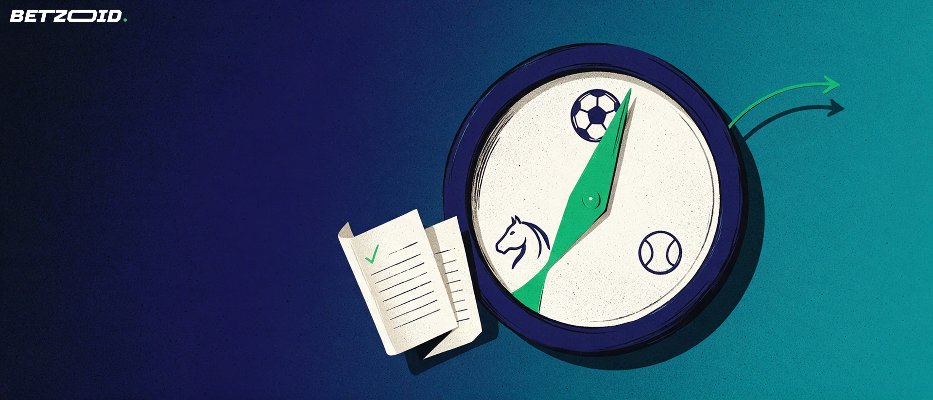 Illustration of a circular sports market dial with football, horse and tennis symbols, a green pointer on the football and two blank betting slips beside it.