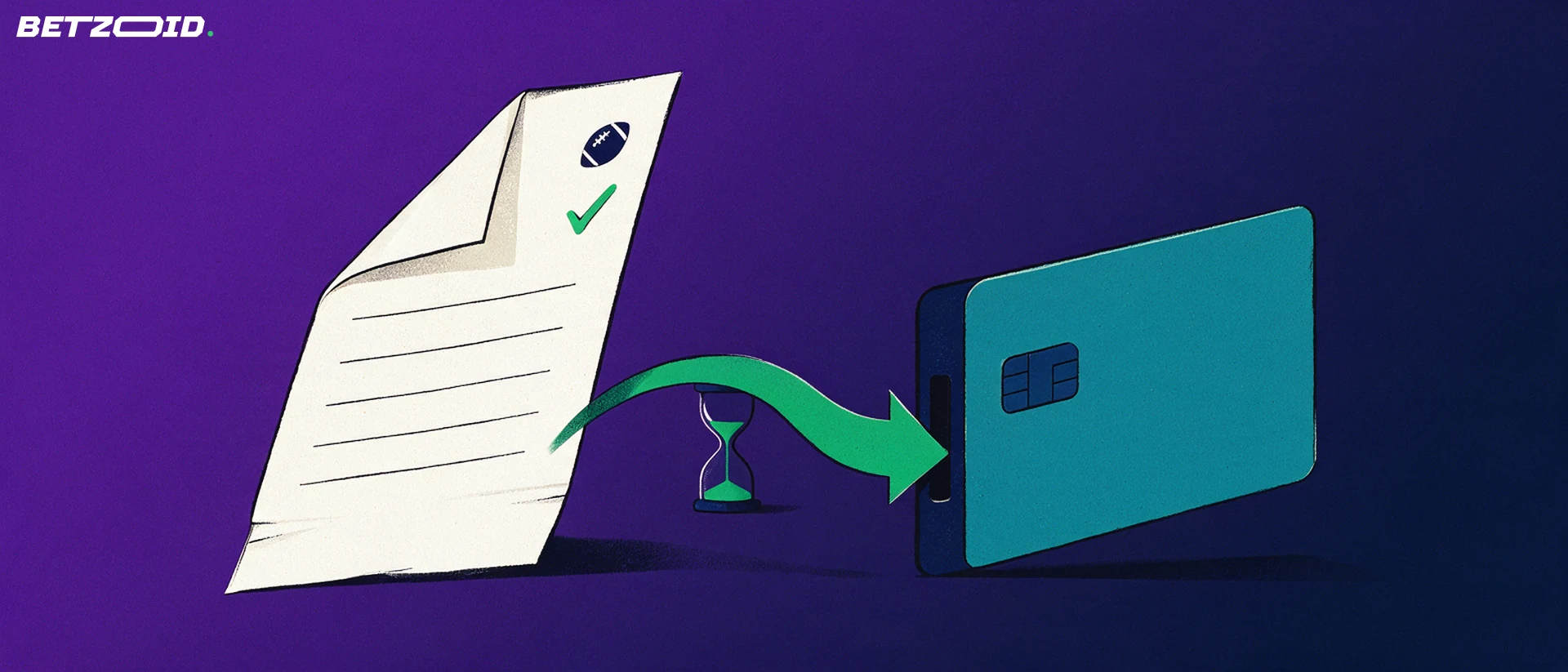 Illustration of a blank betting slip with a green arrow flowing into an unbranded bank card, with a small hourglass behind, showing a payout process.