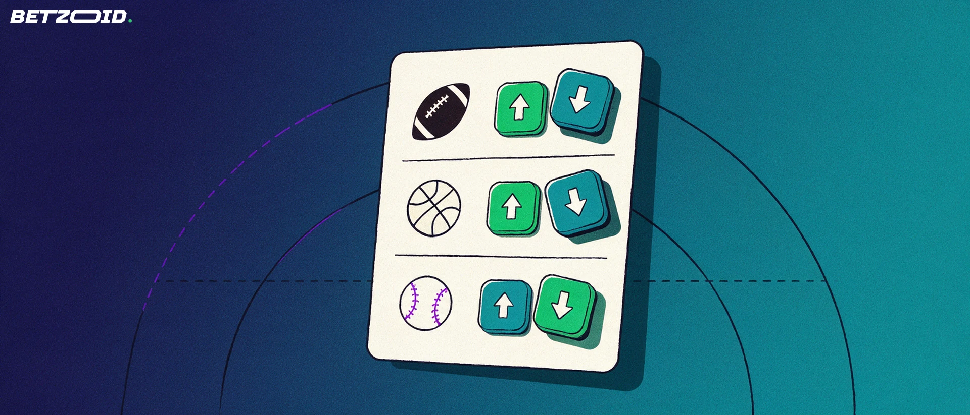 Illustration of a tall pick card with three sports icons, each offering a green up arrow or teal down arrow choice, one selected per row.
