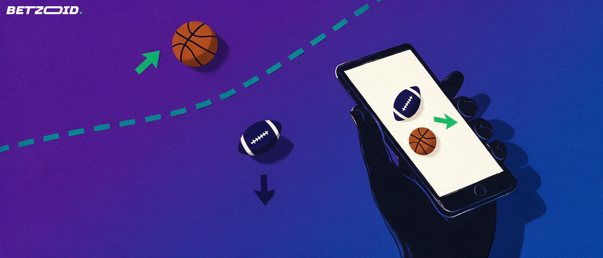 Illustration of a hand holding a phone with football and basketball symbols beside a dashed threshold line, with one ball above it and one below.