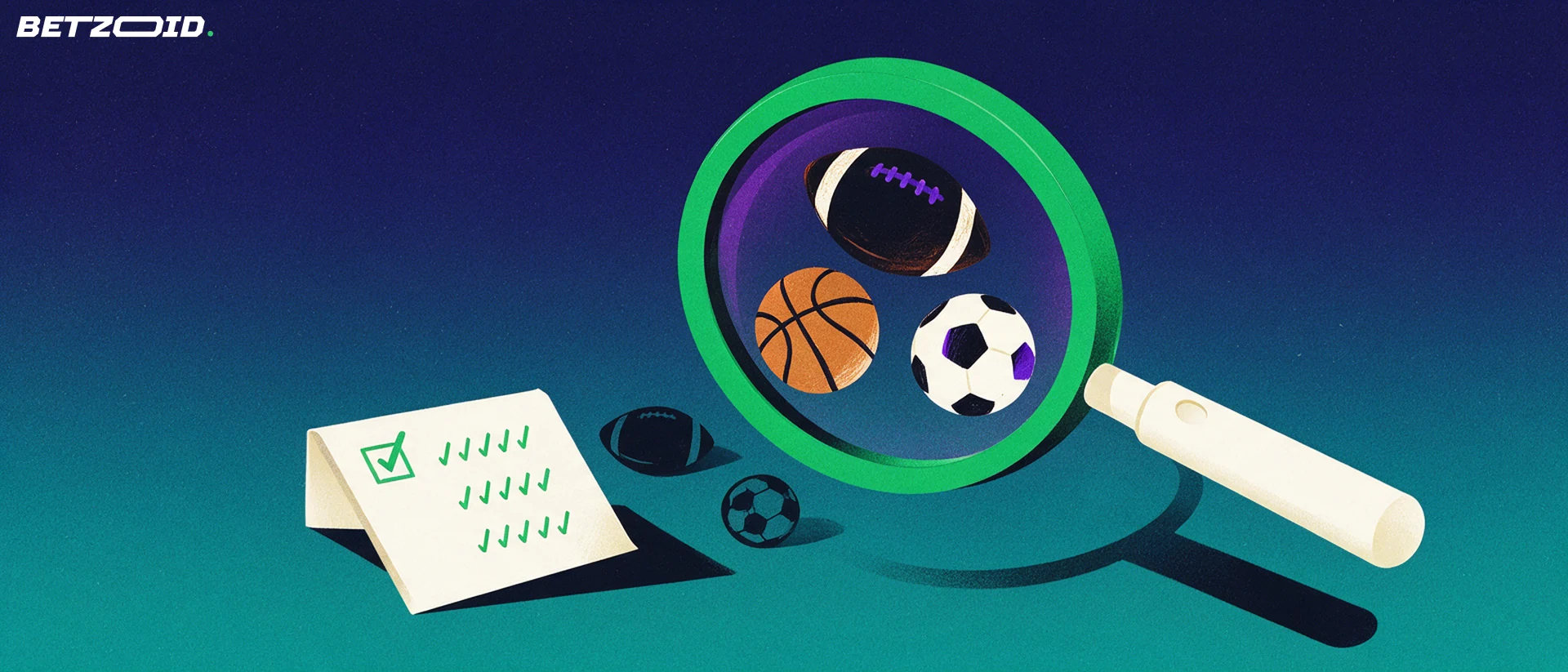 Illustration of a large magnifying glass examining a paper betting slip, with sport ball symbols enlarged inside the lens