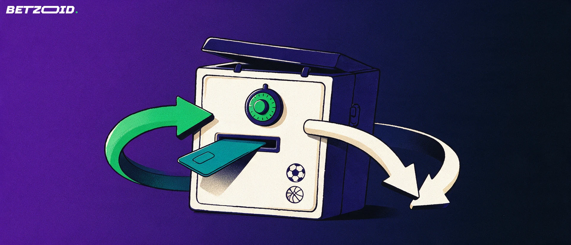 Illustration of a deposit safe with a payment card and two arrows showing money moving in and out, marked with small sport ball symbols