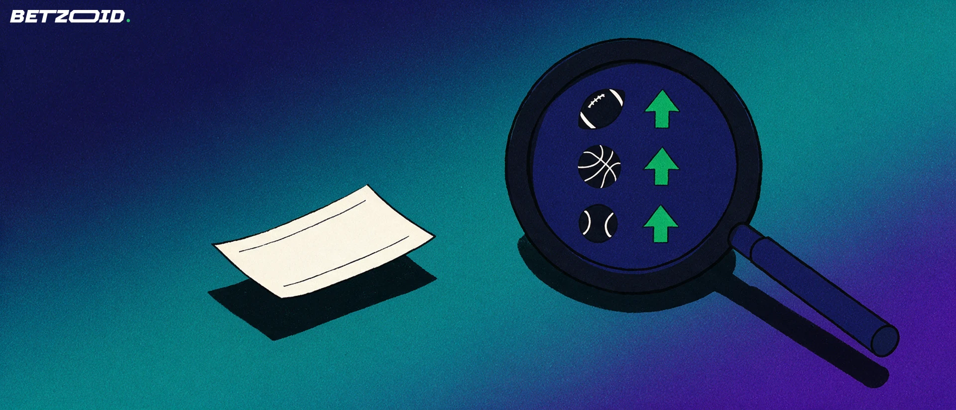 Illustration of a magnifying glass inspecting a blank betting slip showing football, basketball and baseball symbols with small upward arrows.
