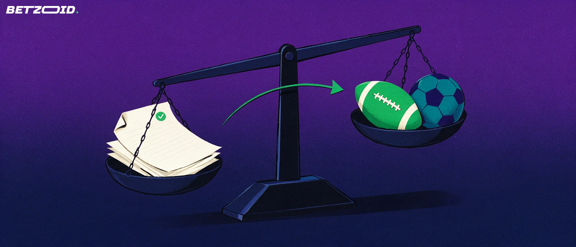 Illustration of a balance scale weighing a sealed stack of blank documents against a football and a soccer ball.