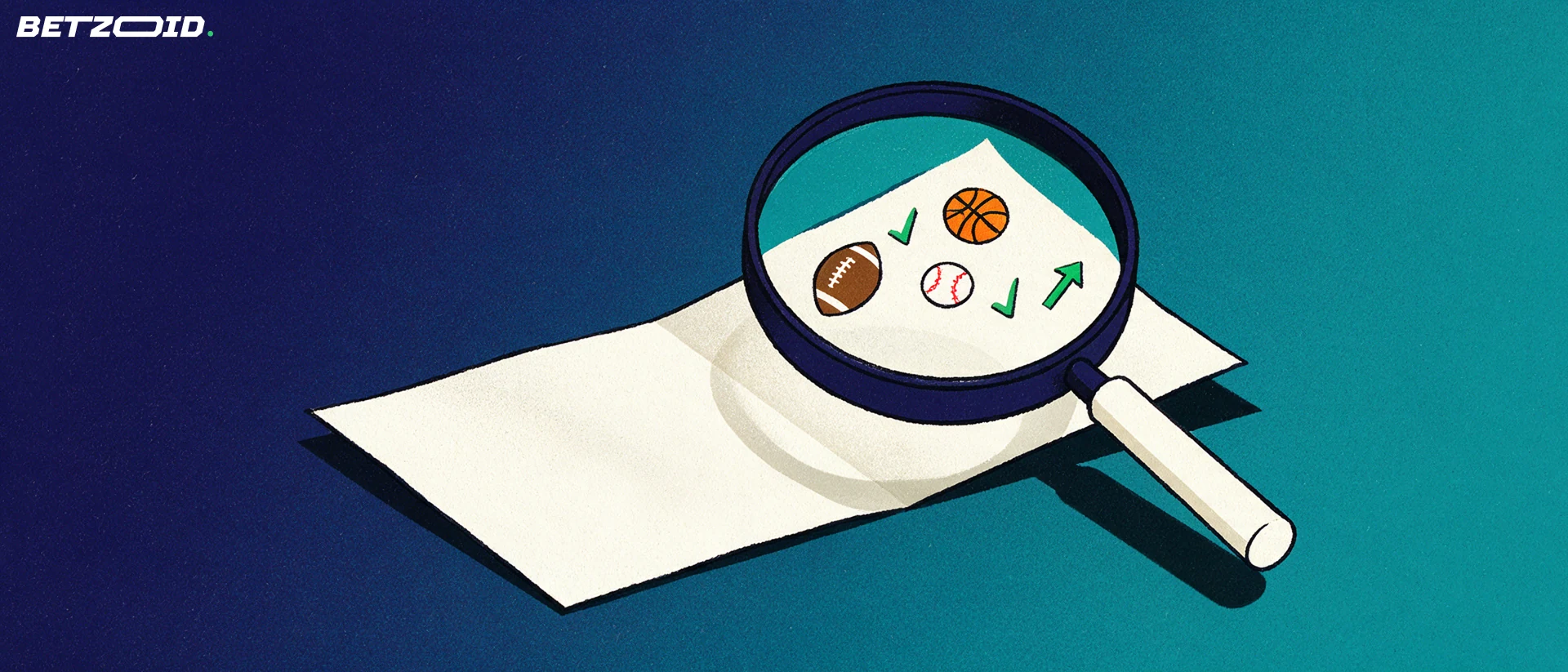 Illustration of a magnifying glass enlarging a paper betting slip marked with football, basketball and baseball symbols and check marks.