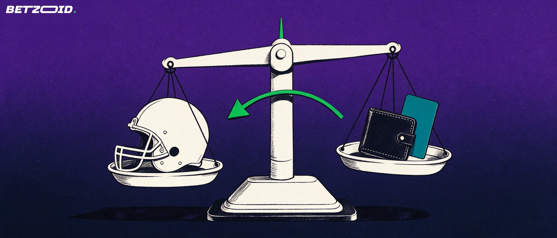 Illustration of a balance scale weighing an American football helmet against a plain payment card and wallet.