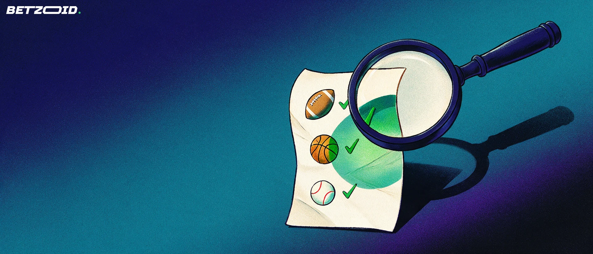 Illustration of a magnifying glass inspecting a sports betting slip marked with football, basketball and baseball icons.
