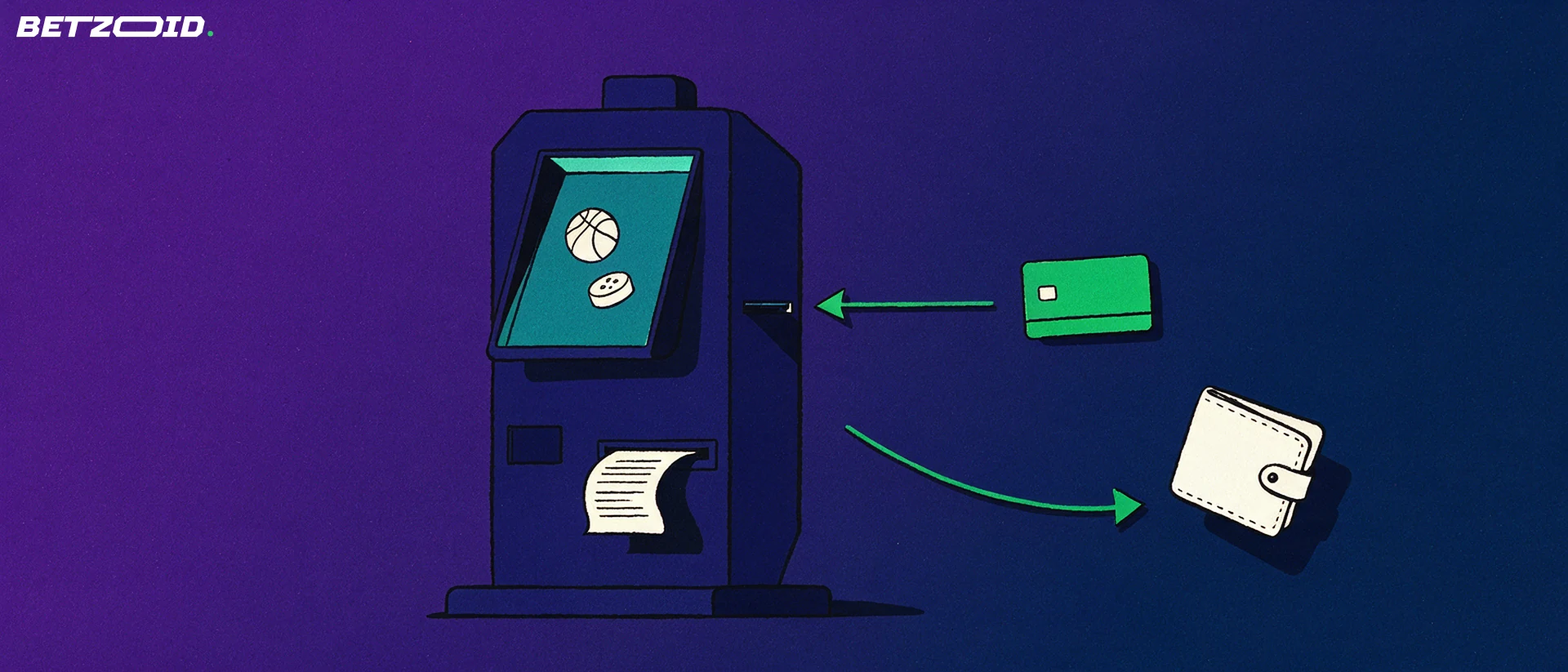 Illustration of a sports betting terminal printing a ticket, with arrows showing a payment card going in and a wallet receiving a payout.