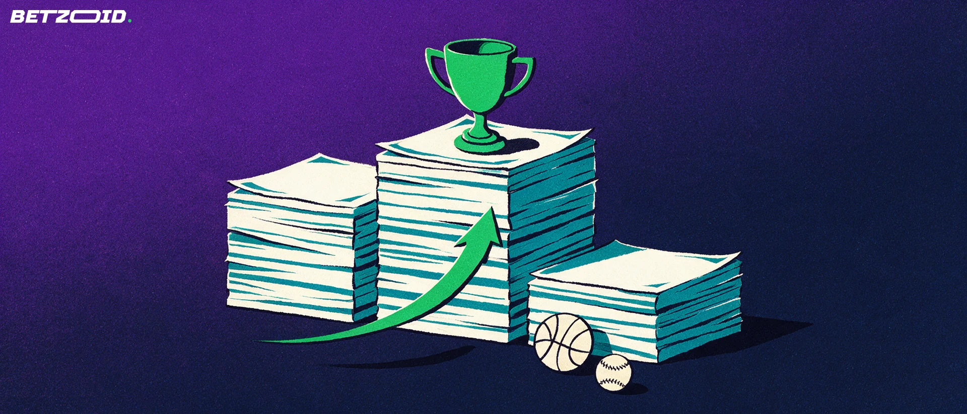 Illustration of a podium made from stacks of sports prediction slips with a trophy on top and a rising arrow.