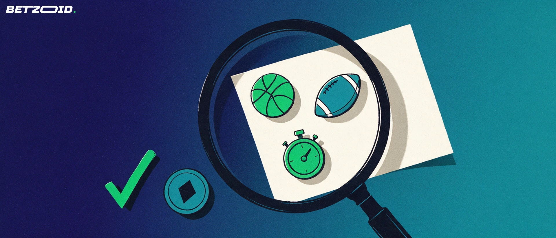 Illustration of a large magnifying glass enlarging sport pictograms on a card, with a checkmark and a plain digital coin token beside it