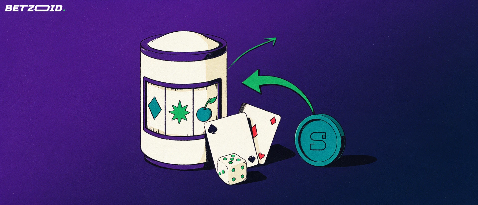 Illustration of a slot reel drum with simple symbols beside playing cards and a die, with curved arrows linking a plain digital token to the machine