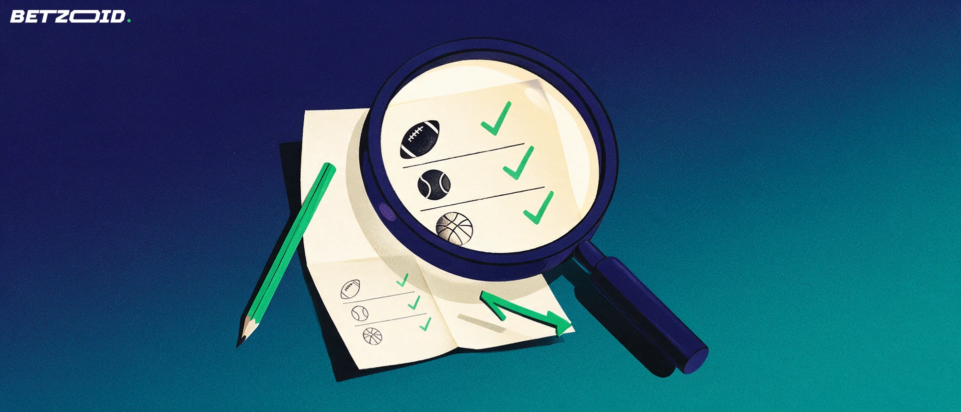 Illustration of a magnifying glass enlarging rows of a sports betting slip marked with football, tennis and basketball symbols and check marks