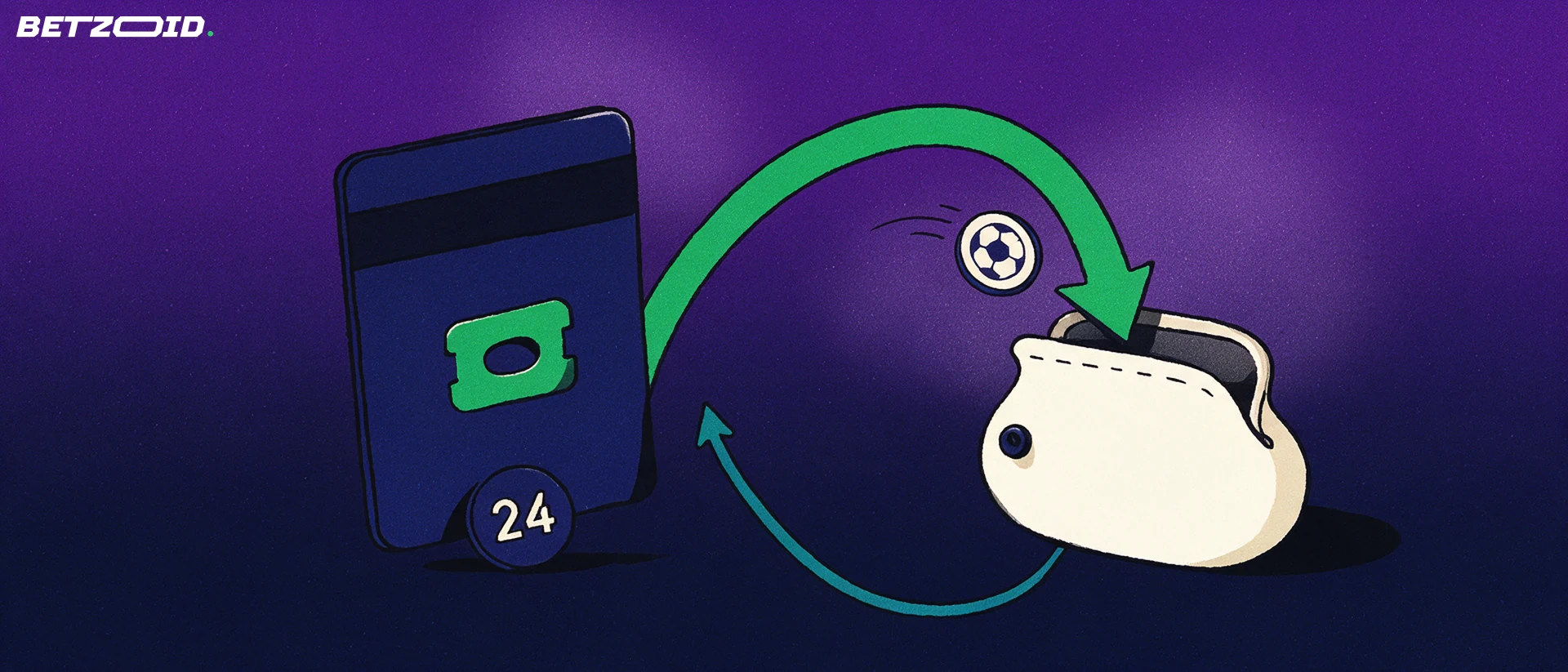 Illustration of a payment card and wallet linked by curved arrows with a football-marked coin, showing deposits and withdrawals