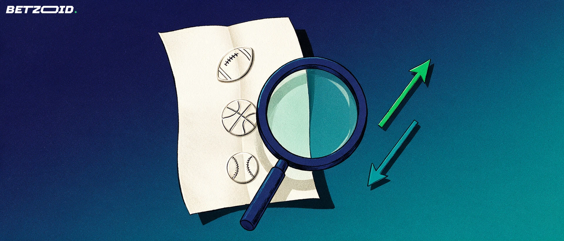 Illustration of a large magnifying glass enlarging sport symbols on a folded betting slip, with small up and down arrows beside it.
