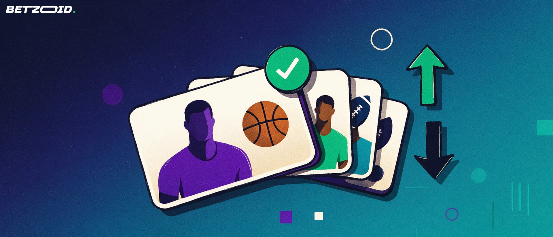 Illustration of a fanned stack of fantasy sports prop cards with sport symbols and up and down arrows for higher-or-lower picks.