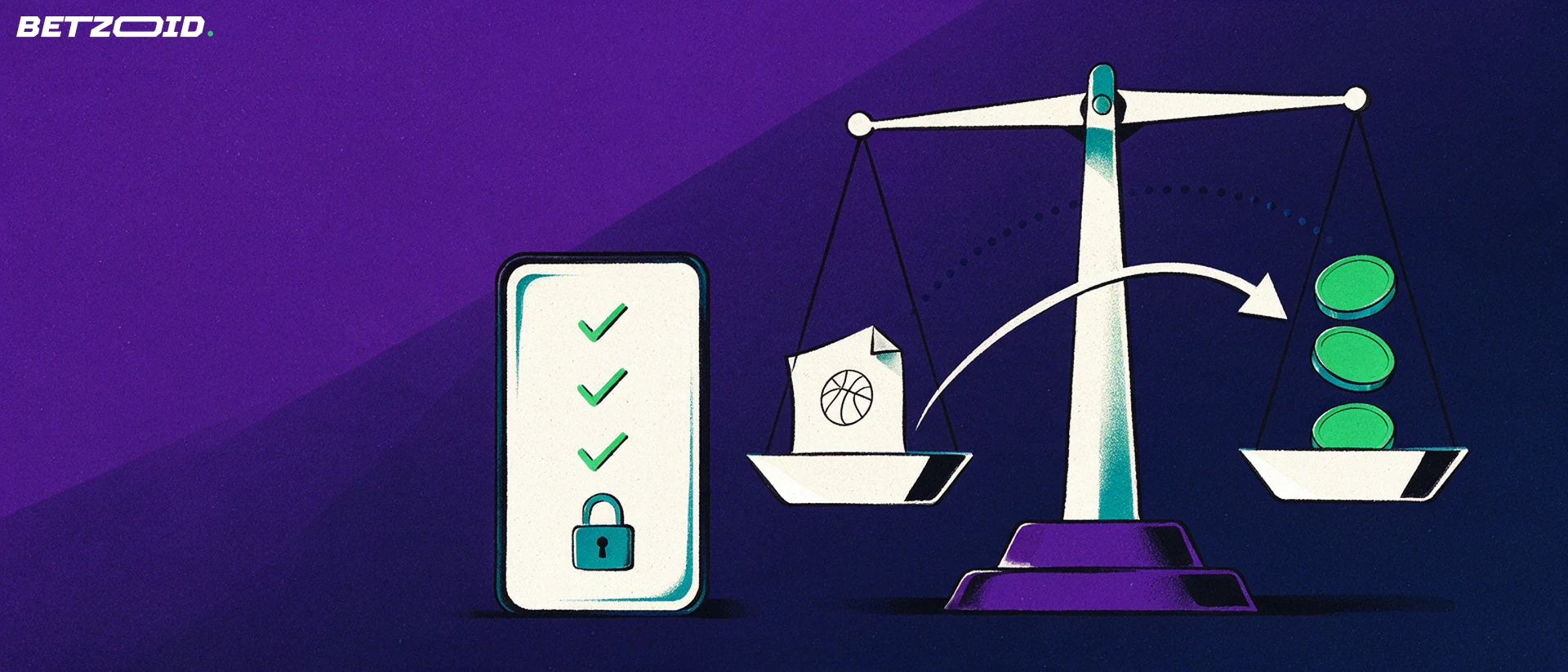 Illustration of a balance scale weighing a folded fantasy contest entry slip against stacked payout tokens beside a rules panel with check marks and a padlock.