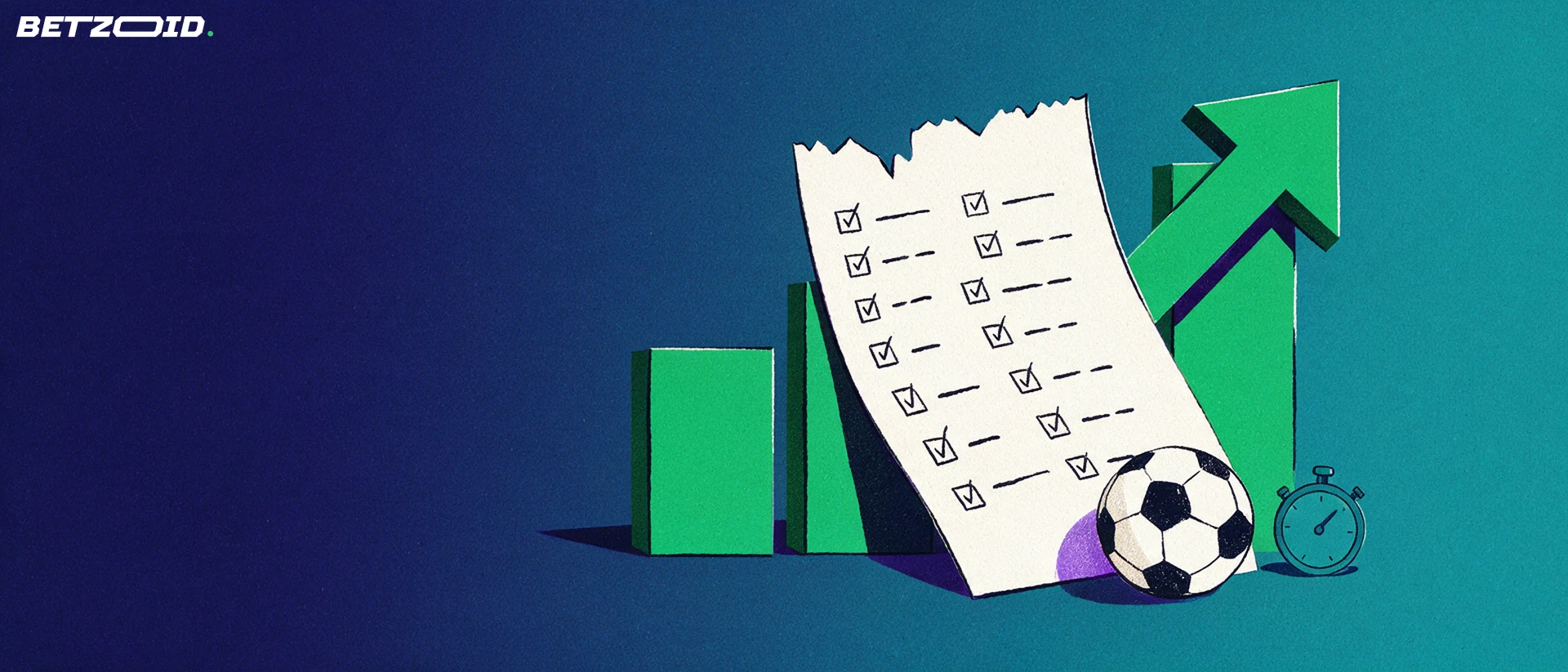 Illustration of a paper betting slip with blank selection boxes, rising bars, an upward arrow, a football and a stopwatch.