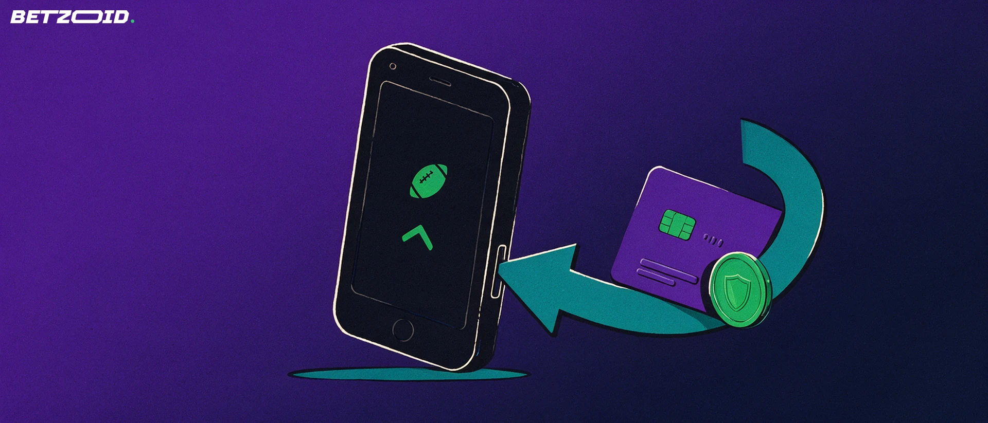 Isometric illustration of a handheld device showing a football symbol, with a bank card and coin travelling along an arrow into its side slot.
