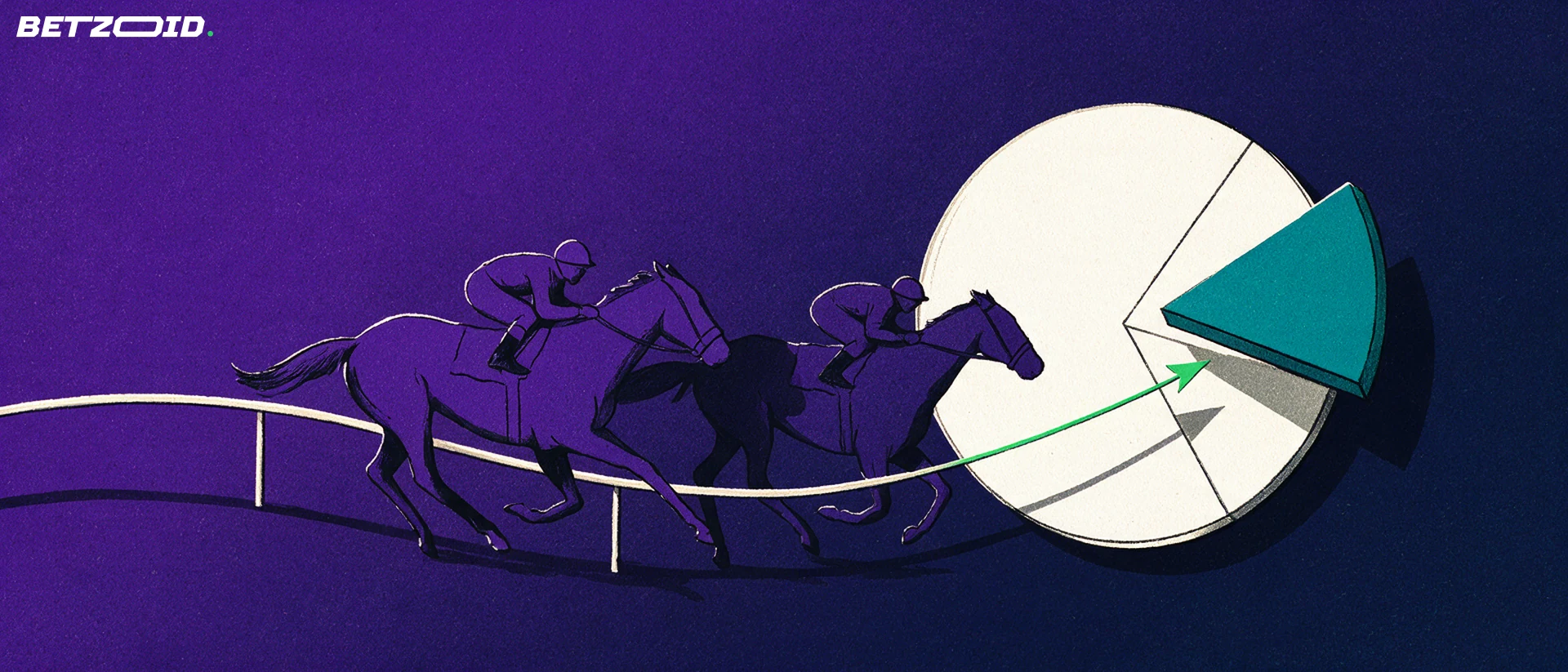 Illustration of two jockeys on galloping racehorses beside a circular disc split into unequal wedges, with one wedge lifted out