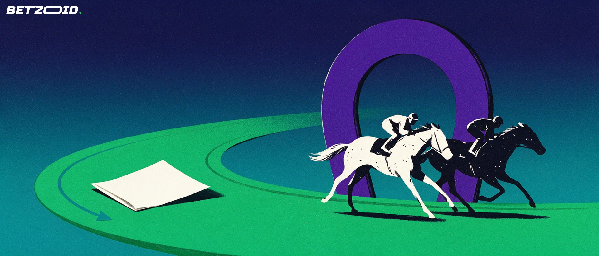 Illustration of two racehorses with jockeys galloping around a green track curve inside a large horseshoe arch, with a blank folded wagering slip in the foreground.