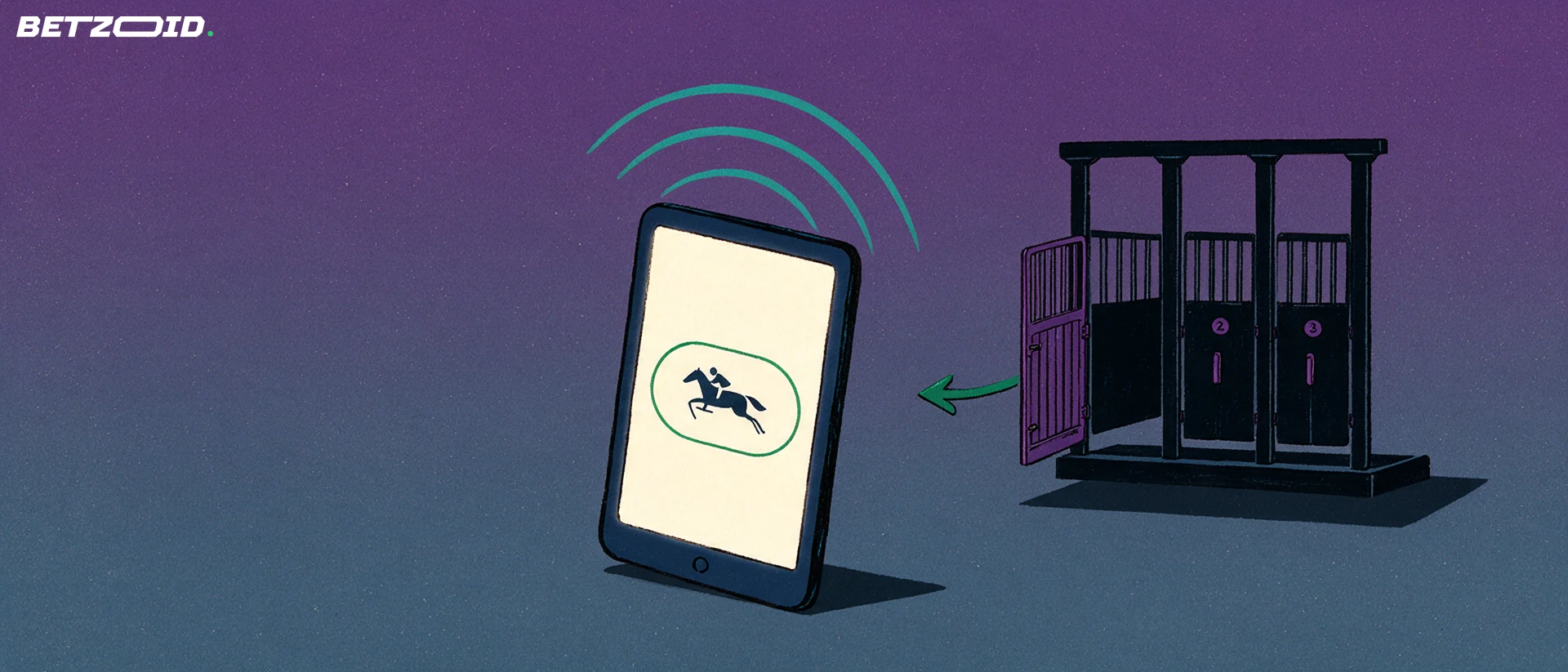 Illustration of a tablet showing a simple horse-and-rider symbol and an oval track line with broadcast arcs above it, beside a stylized racing starting gate with an open door.