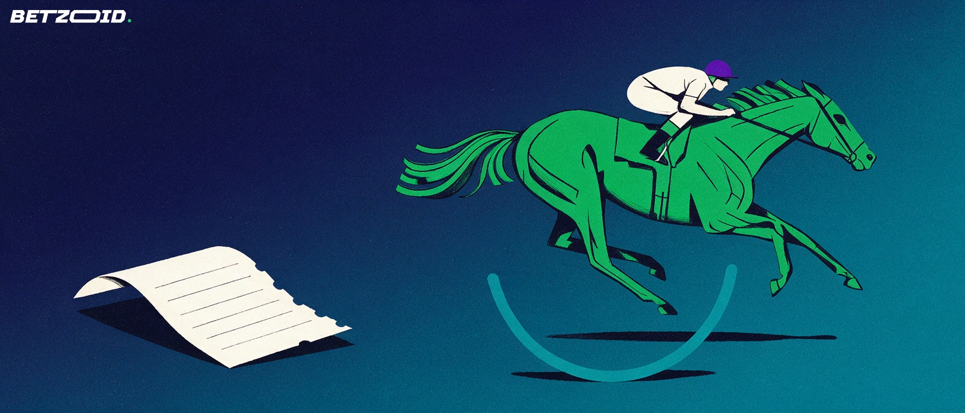 Illustration of a galloping racehorse and jockey beside a blank folded betting ticket and a horseshoe shape.