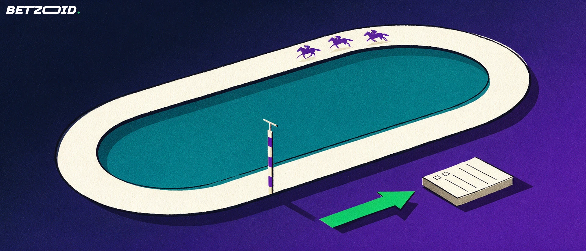 Aerial-style illustration of an oval racetrack with a finish post, a curving arrow and a blank wagering slip.