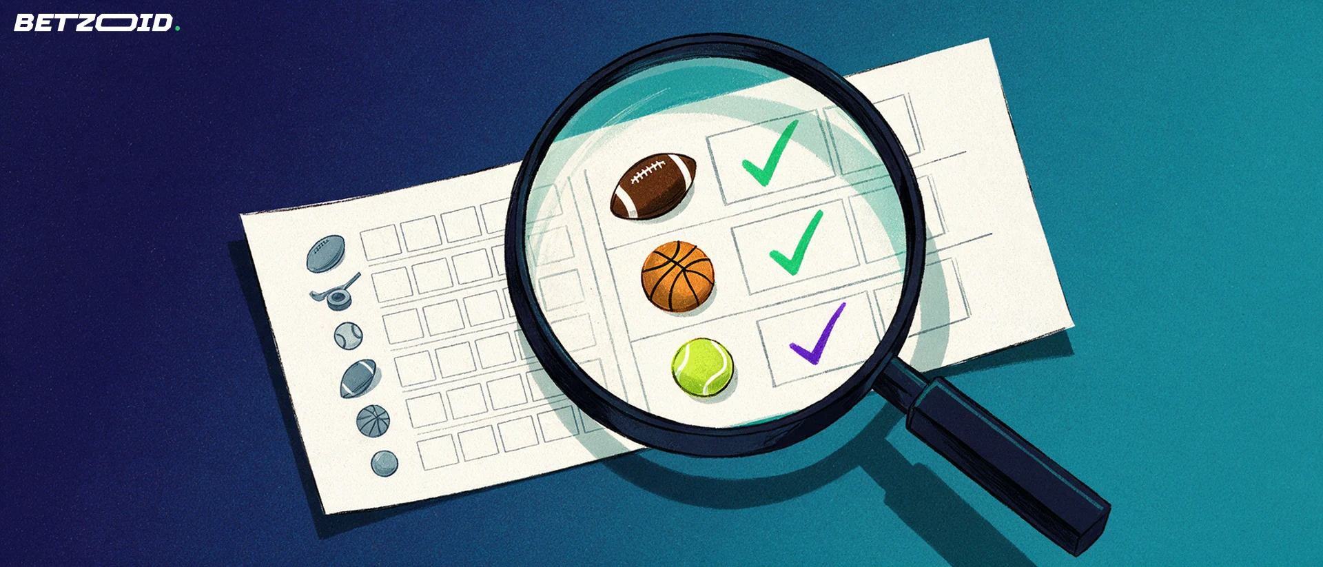 Illustration of a large magnifying glass enlarging football, basketball and tennis symbols printed on a paper betting slip, with small tick marks beside them.