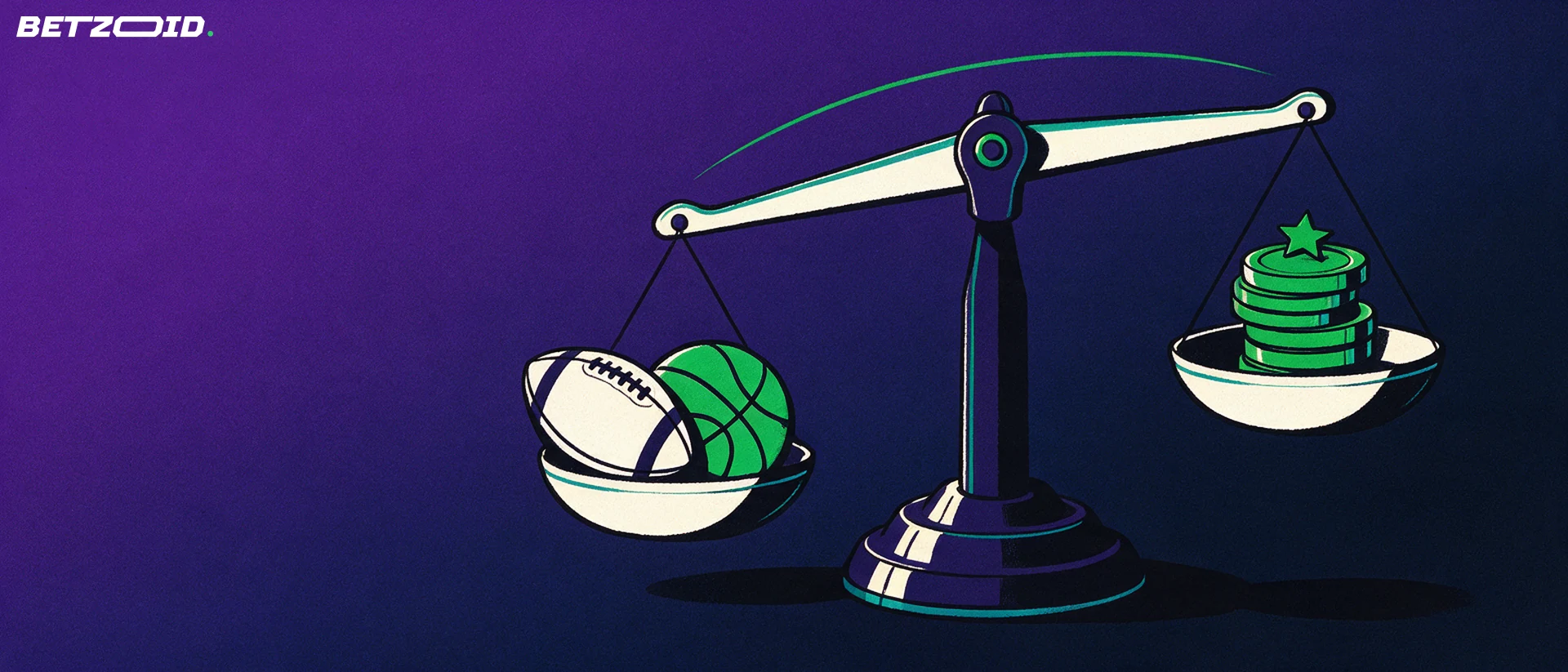 Illustration of a balance scale weighing a football and basketball in one pan against a stack of plain green tokens topped with a star in the other.