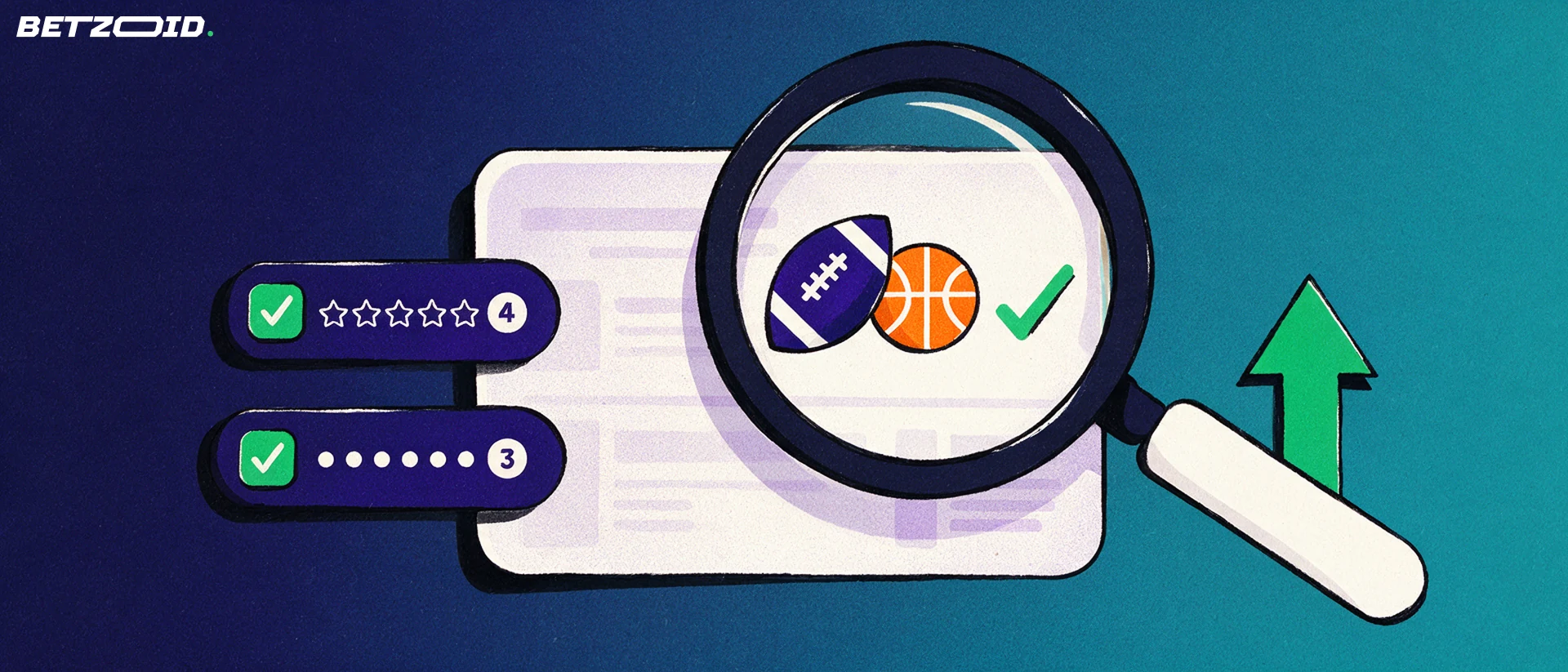 Illustration of a magnifying glass examining a betting slip marked with football and basketball symbols and a green check.