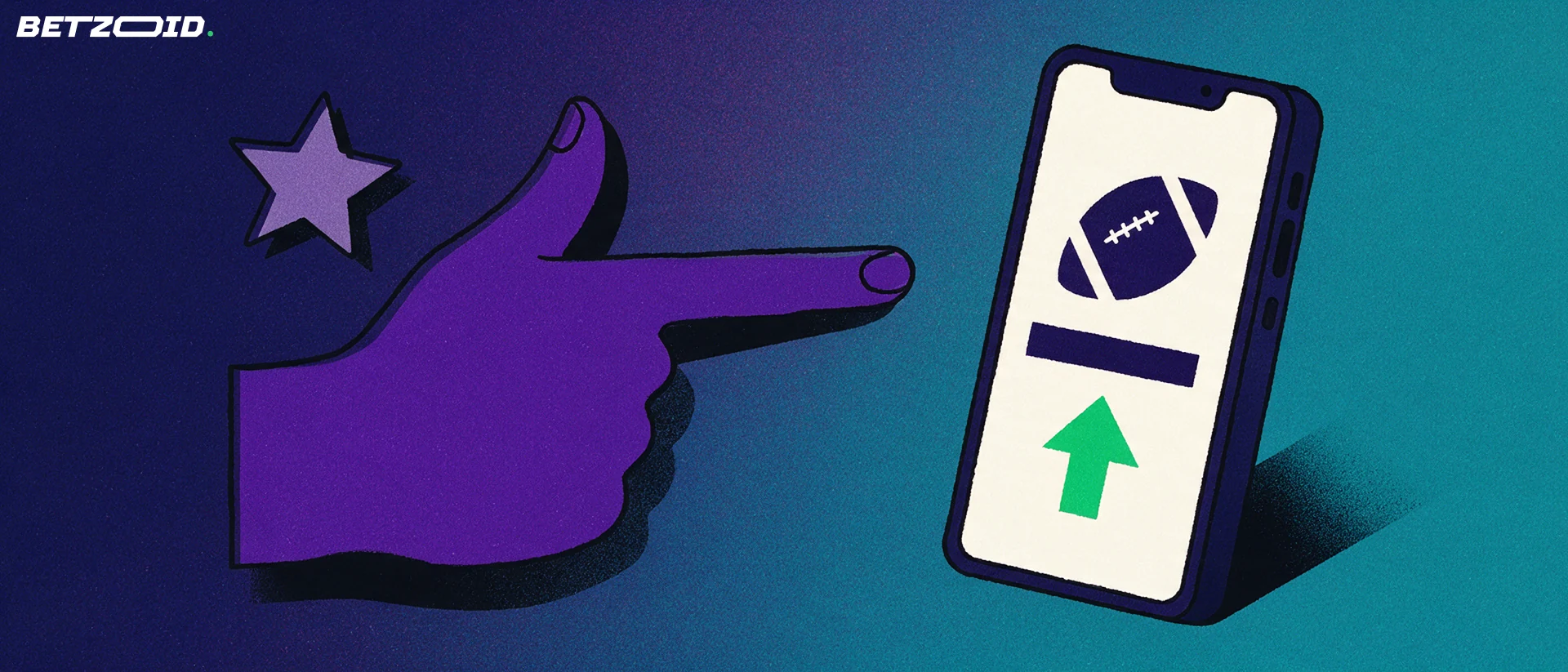 Illustration of a hand reaching toward a smartphone displaying simple sport symbols beside an outlined rating star.