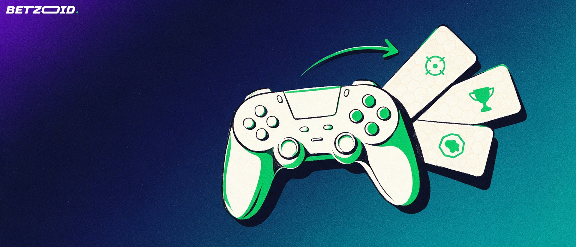 Illustration of a game controller with three fanned betting-slip cards showing crosshair, trophy and arena symbols, joined by a green arrow.