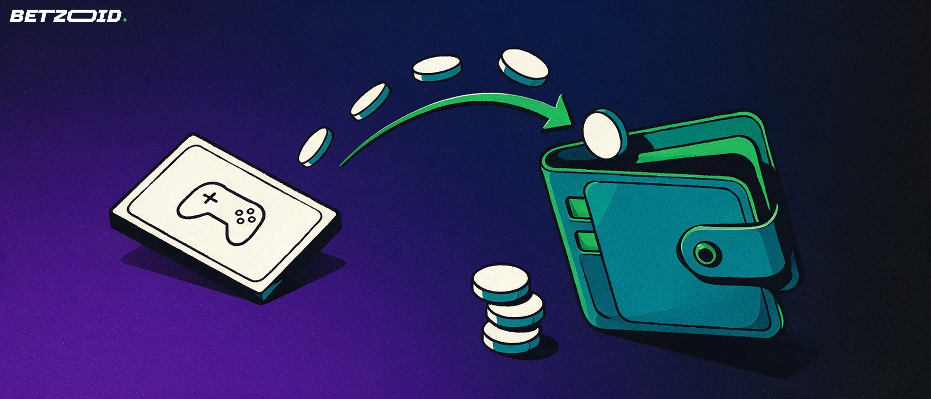 Illustration of a wager slip marked with a controller symbol sending tokens along a green arrow into an open wallet.