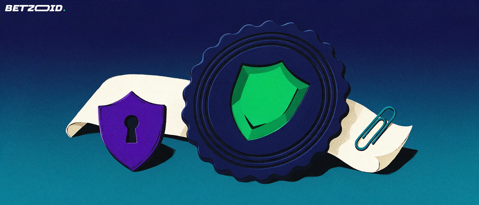 Illustration of a large circular licence seal with a shield emblem, a folded certificate and a small padlock shield