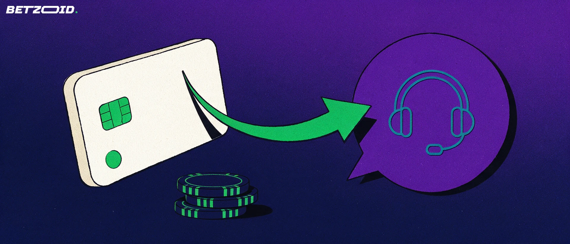 Illustration of a payment card with a curved arrow leading to a speech bubble containing a headset, beside a stack of casino chips