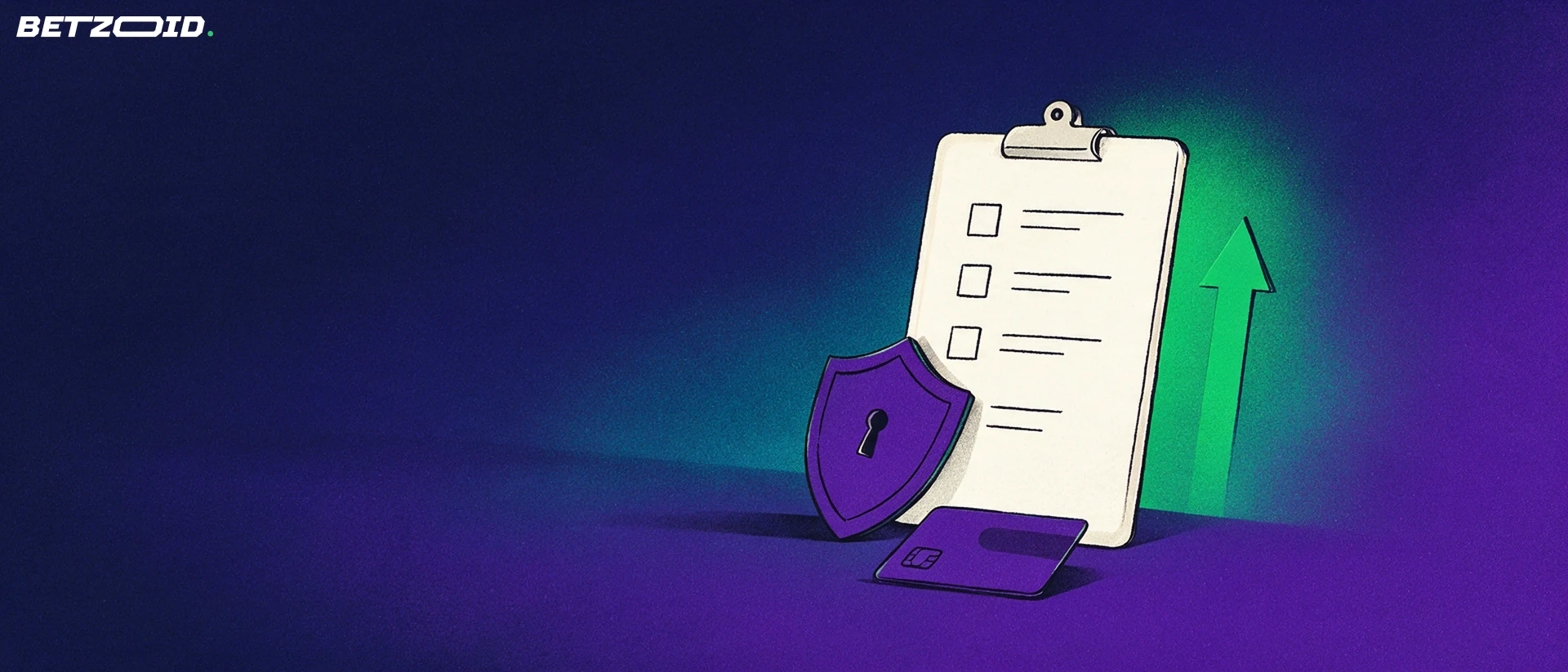 Illustration of an archway with a checklist clipboard, keyhole shield, payment card and an upward arrow representing account sign-up.