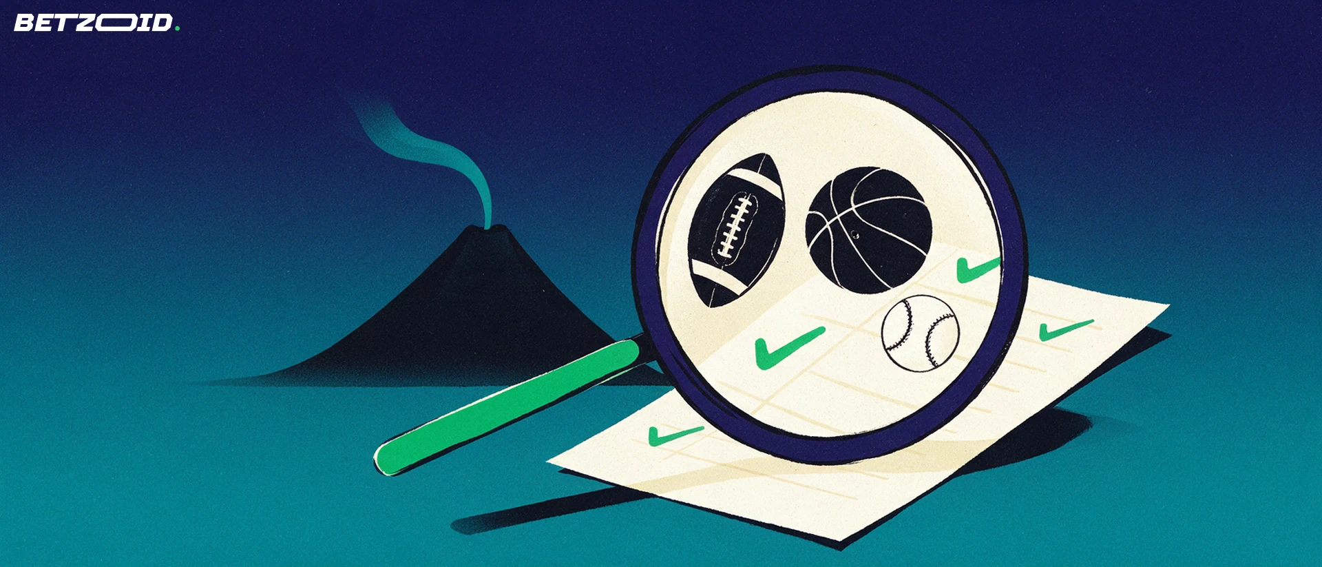 Illustration of a magnifying glass inspecting a betting slip with football, basketball and baseball symbols and tick marks.