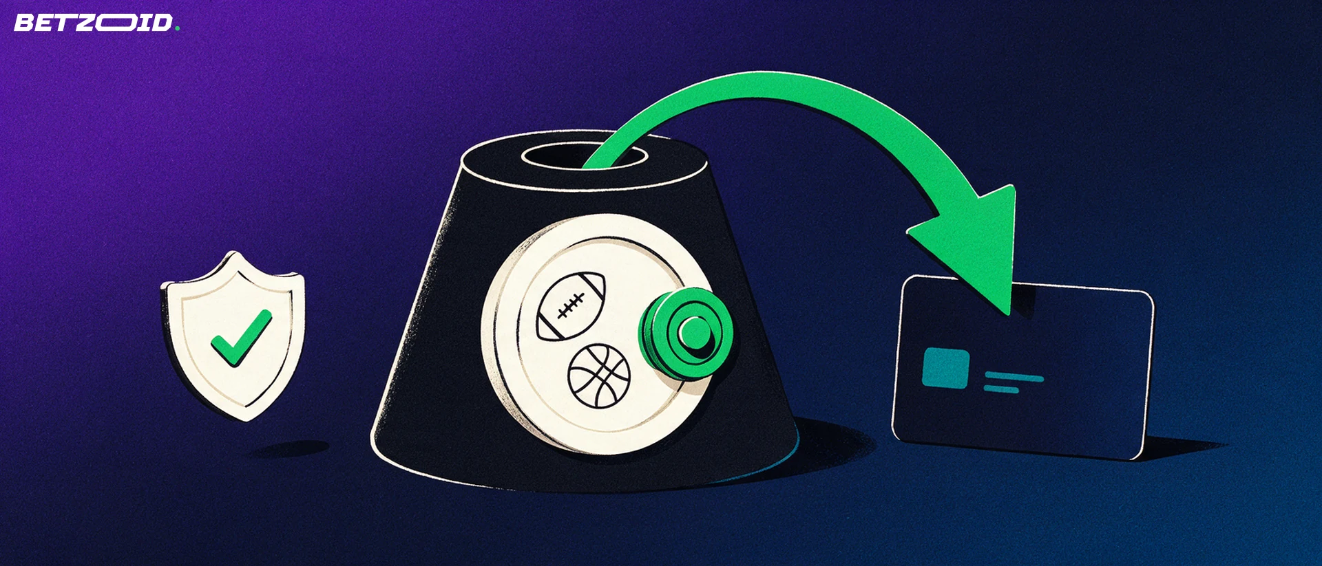 Illustration of a cone-shaped vault with sports symbols on its door, a green arrow leading to a blank payment card and a shield with a tick.