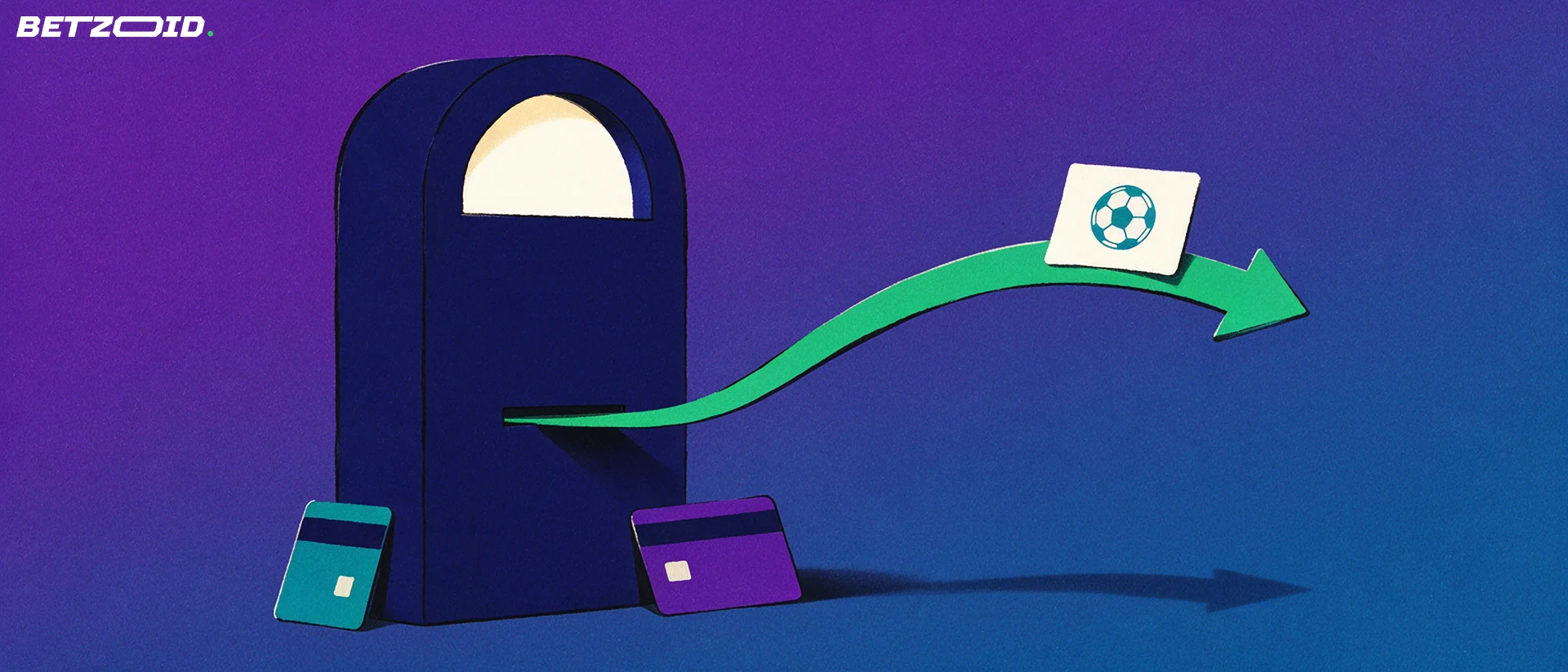Illustration of a cashier payout window with a green arrow carrying a ticket with a ball symbol and two blank payment cards.