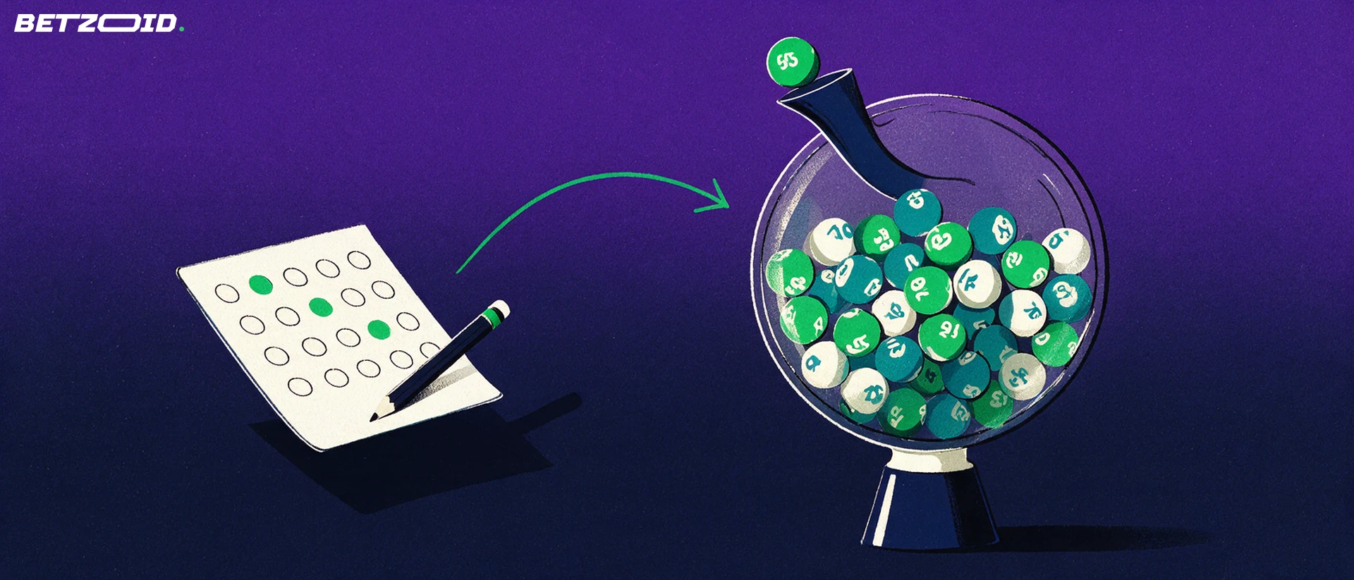 Illustration of a lottery draw sphere full of coloured balls with an arrow curving from a marked betting coupon toward it