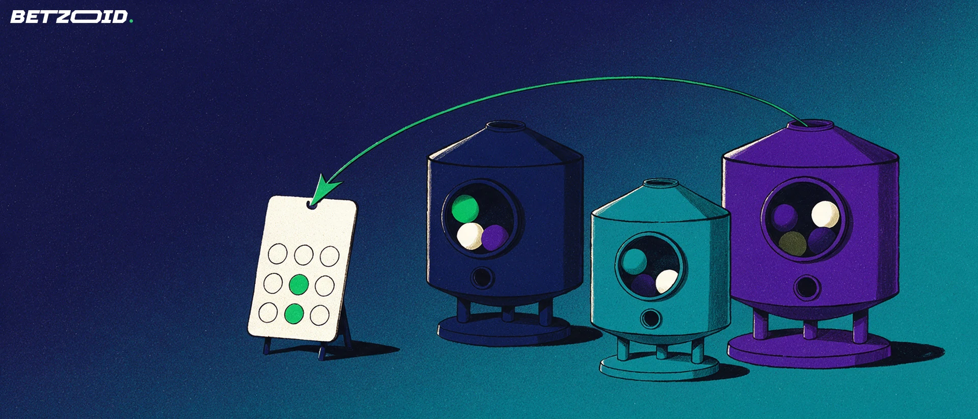 Illustration of three lottery draw machines in a row with an arrow linking them to a single betting slip card