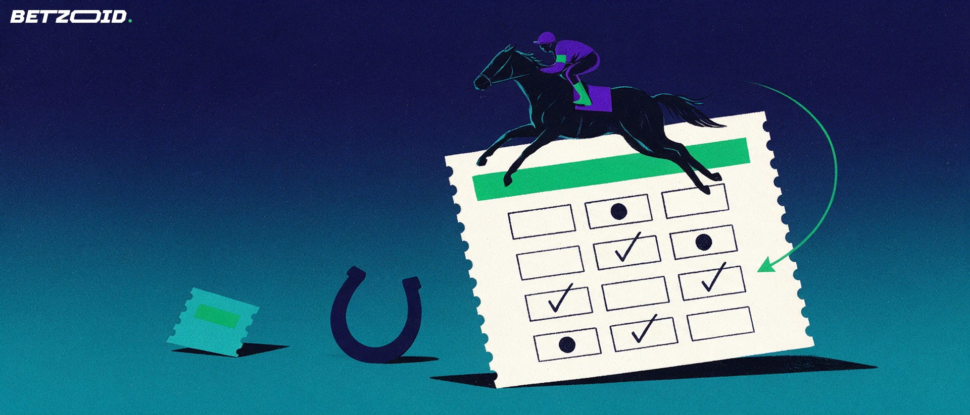 Illustration of a racehorse and jockey leaping out of a large blank horse-racing wager ticket with checked selection boxes and a horseshoe beside it.