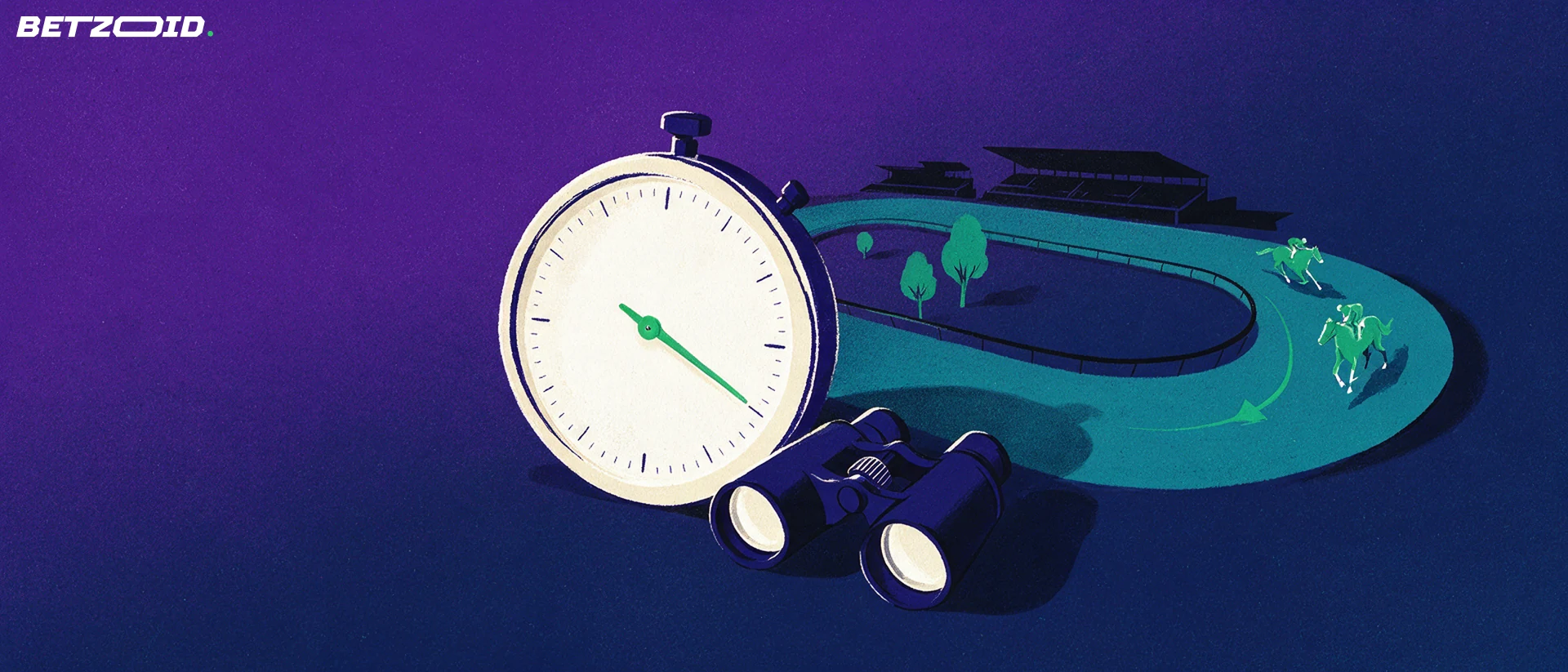 Illustration of a large stopwatch and binoculars beside an oval racetrack loop with two small horse-and-rider silhouettes rounding the turn.