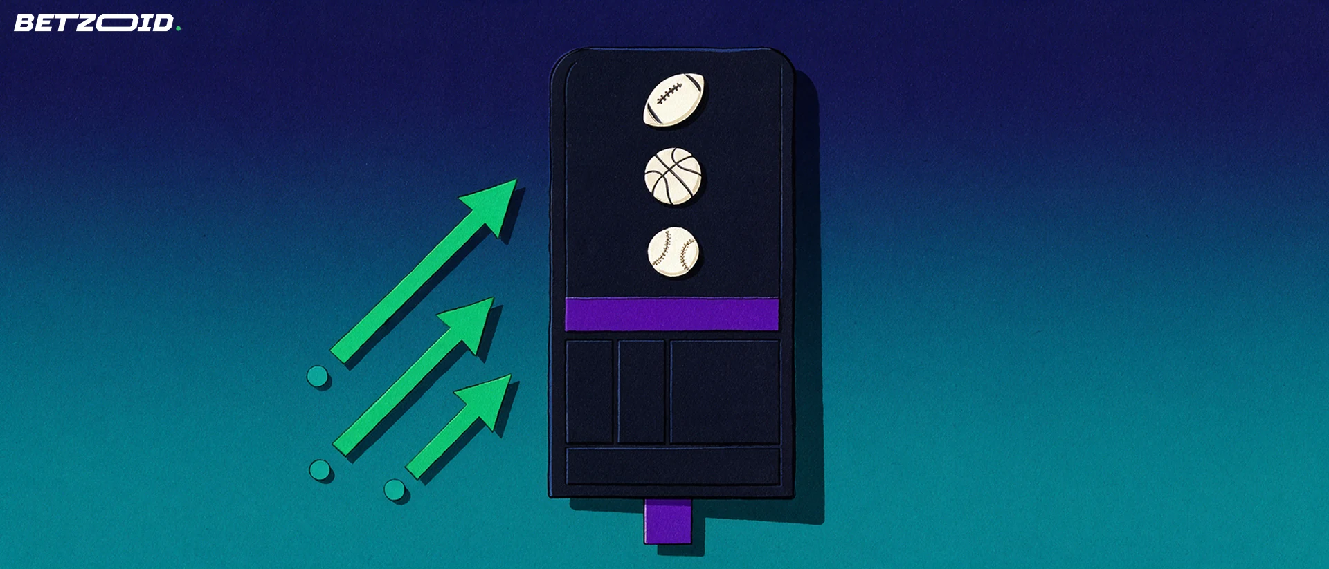 Illustration of a betting slip showing football, basketball and baseball symbols beside rising arrows representing changing odds