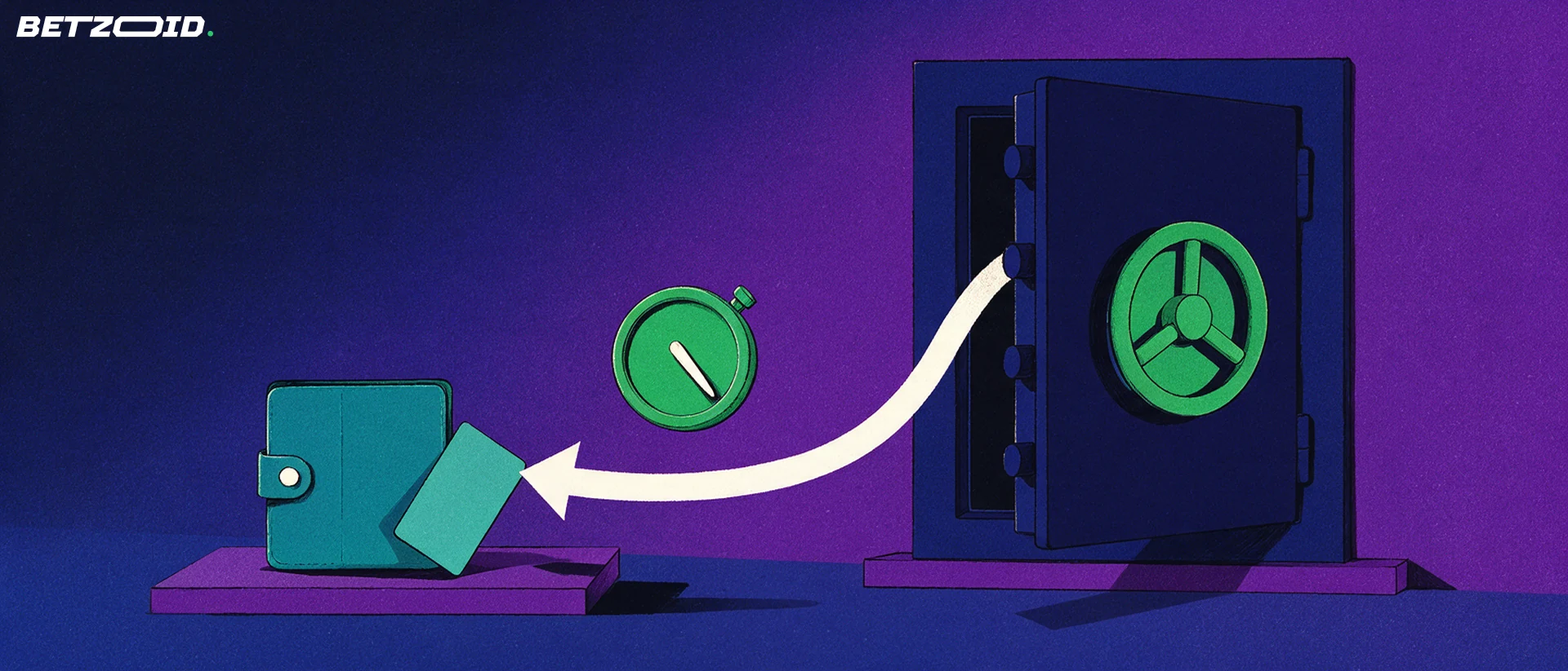 Illustration of a vault with an arrow curving into a wallet beside a stopwatch, representing withdrawal and payout processing