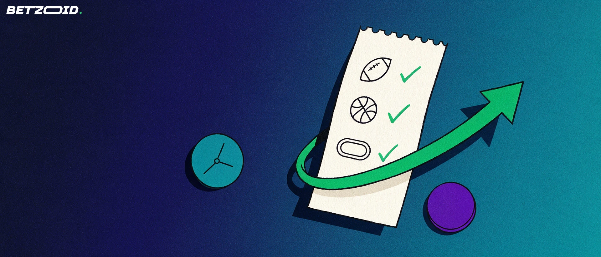 Illustration of a betting slip marked with football, basketball and athletics symbols, wrapped by a rising green arrow