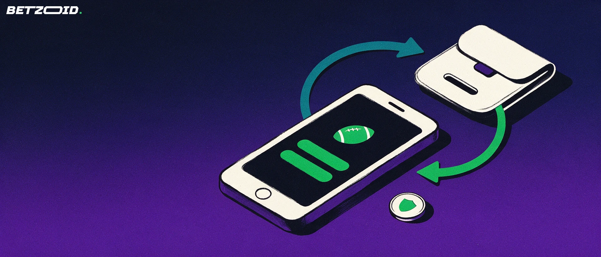 Illustration of a smartphone showing a football symbol connected by looping arrows to a wallet, representing mobile betting deposits and payouts