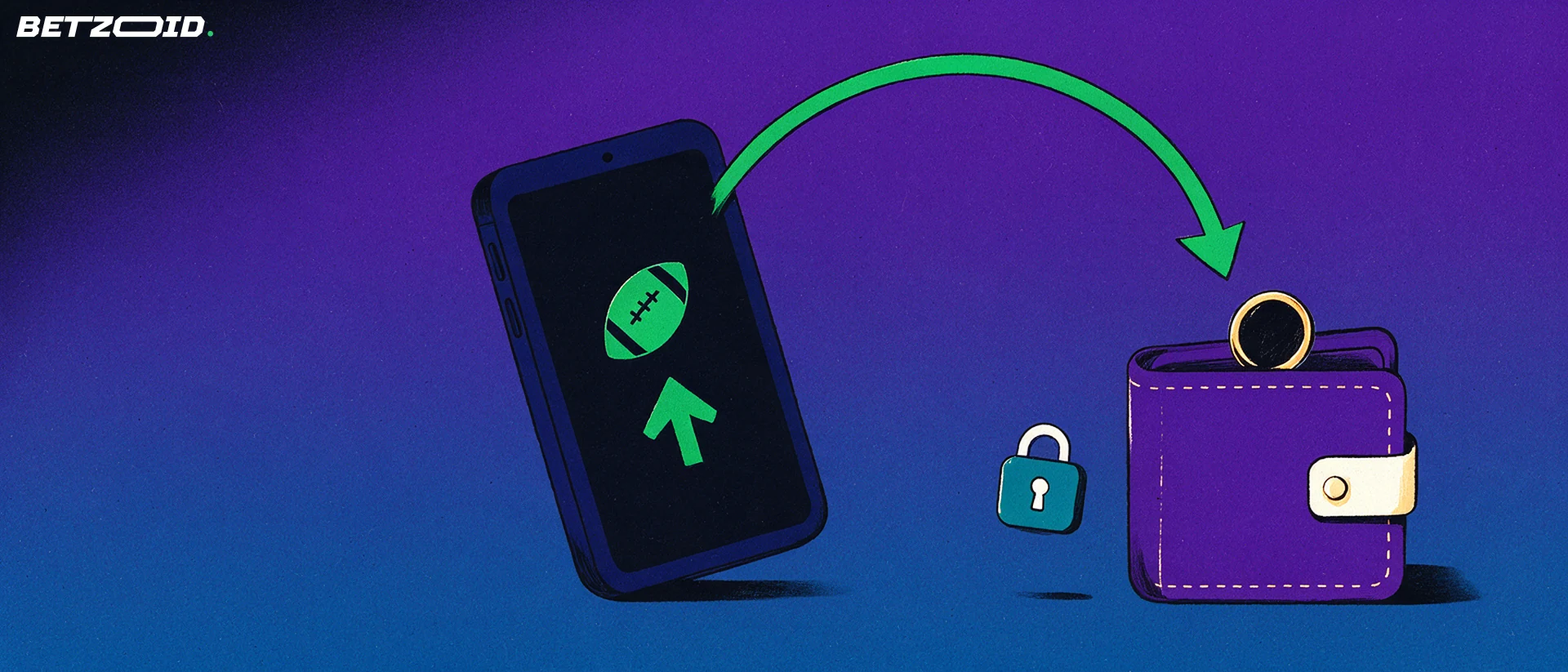 Illustration of a mobile phone with a football icon sending a payment token along an arrow into a wallet with a padlock badge.